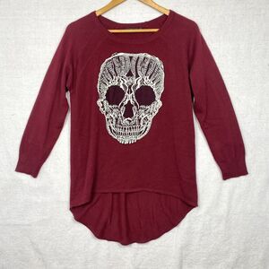Millau Women's Skull Sweater Size S Long Sleeve Red Round High Low Embroidery